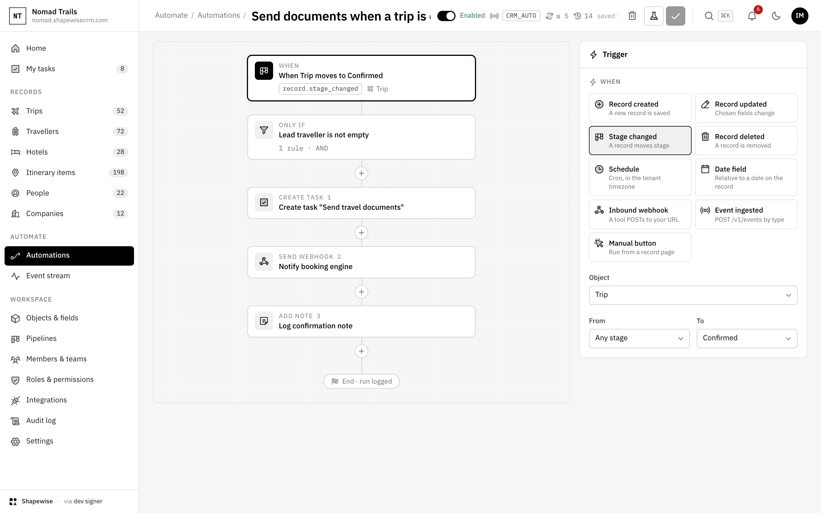 Shapewise Travel CRM: automations that run the busywork — demo data for Nomad Trails