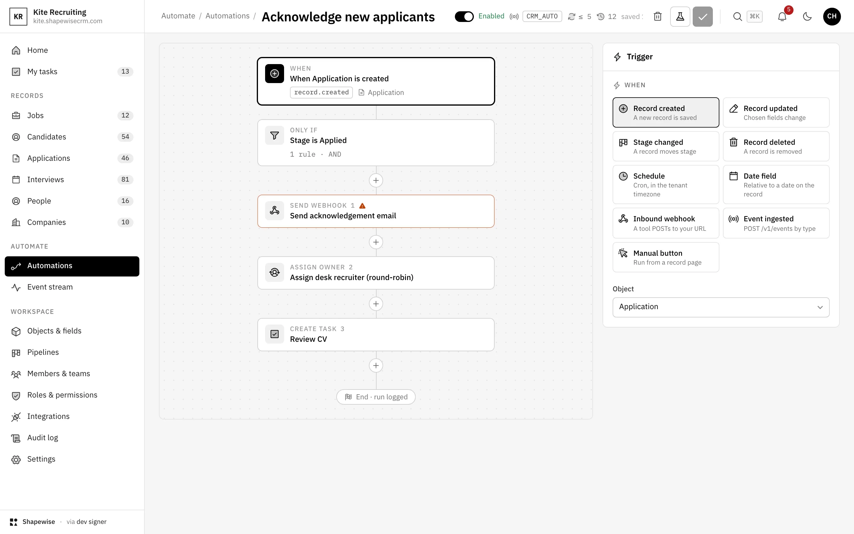 Shapewise Recruiting CRM: follow-ups that send themselves — demo data for Kite Recruiting