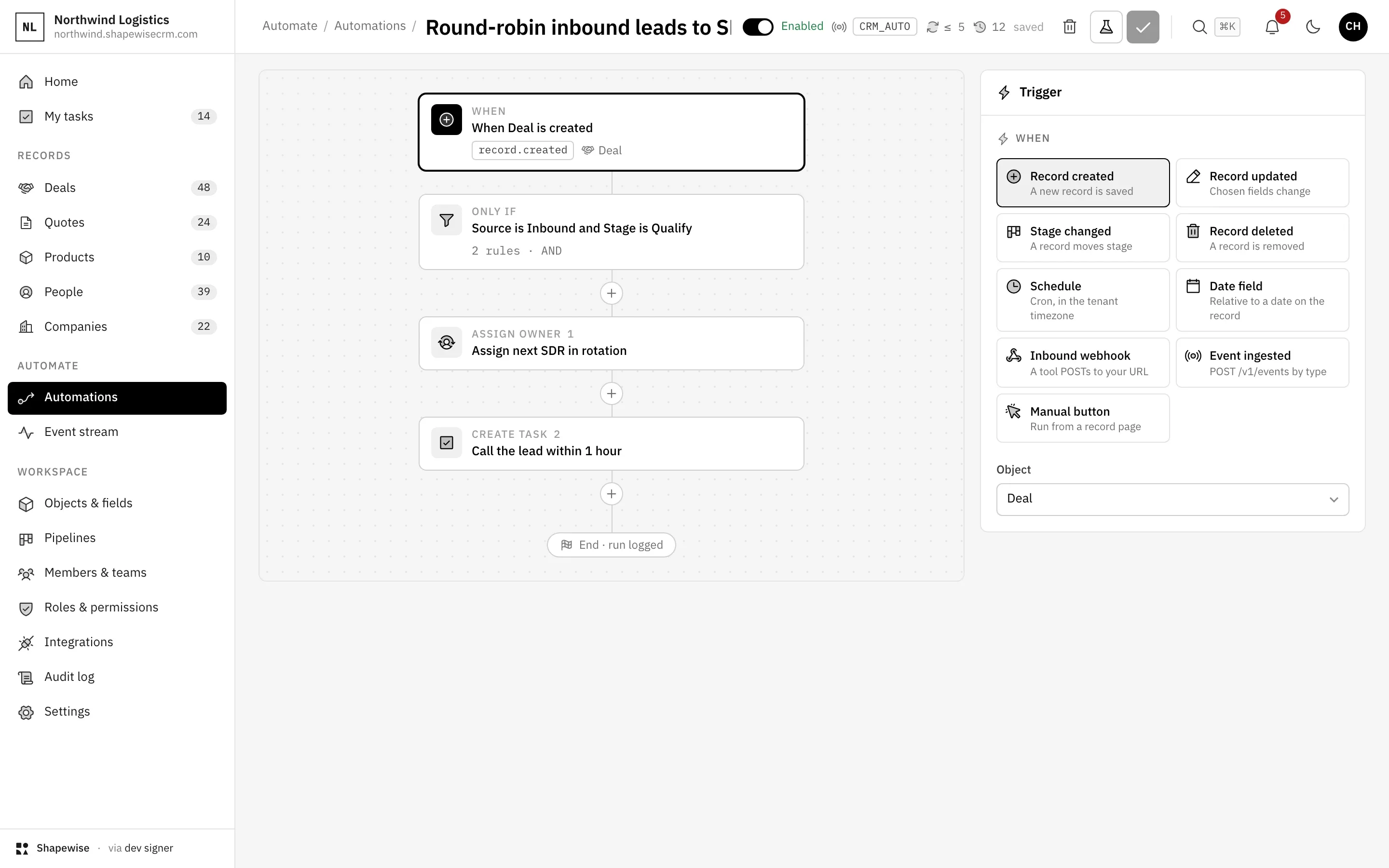 Shapewise B2B Sales CRM: process without the policing — demo data for Northwind Logistics