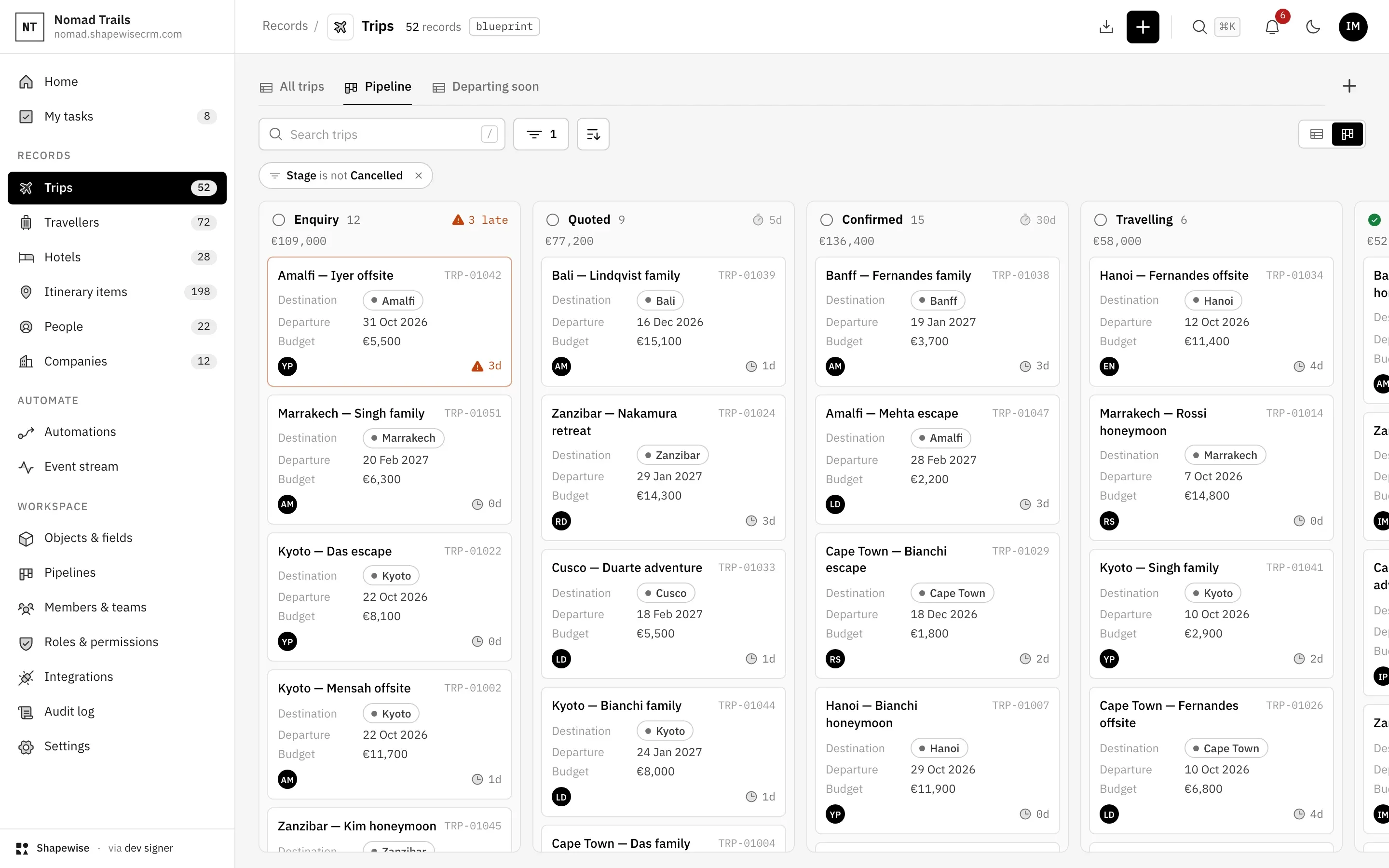 Shapewise Travel CRM: a booking pipeline that knows travel — demo data for Nomad Trails