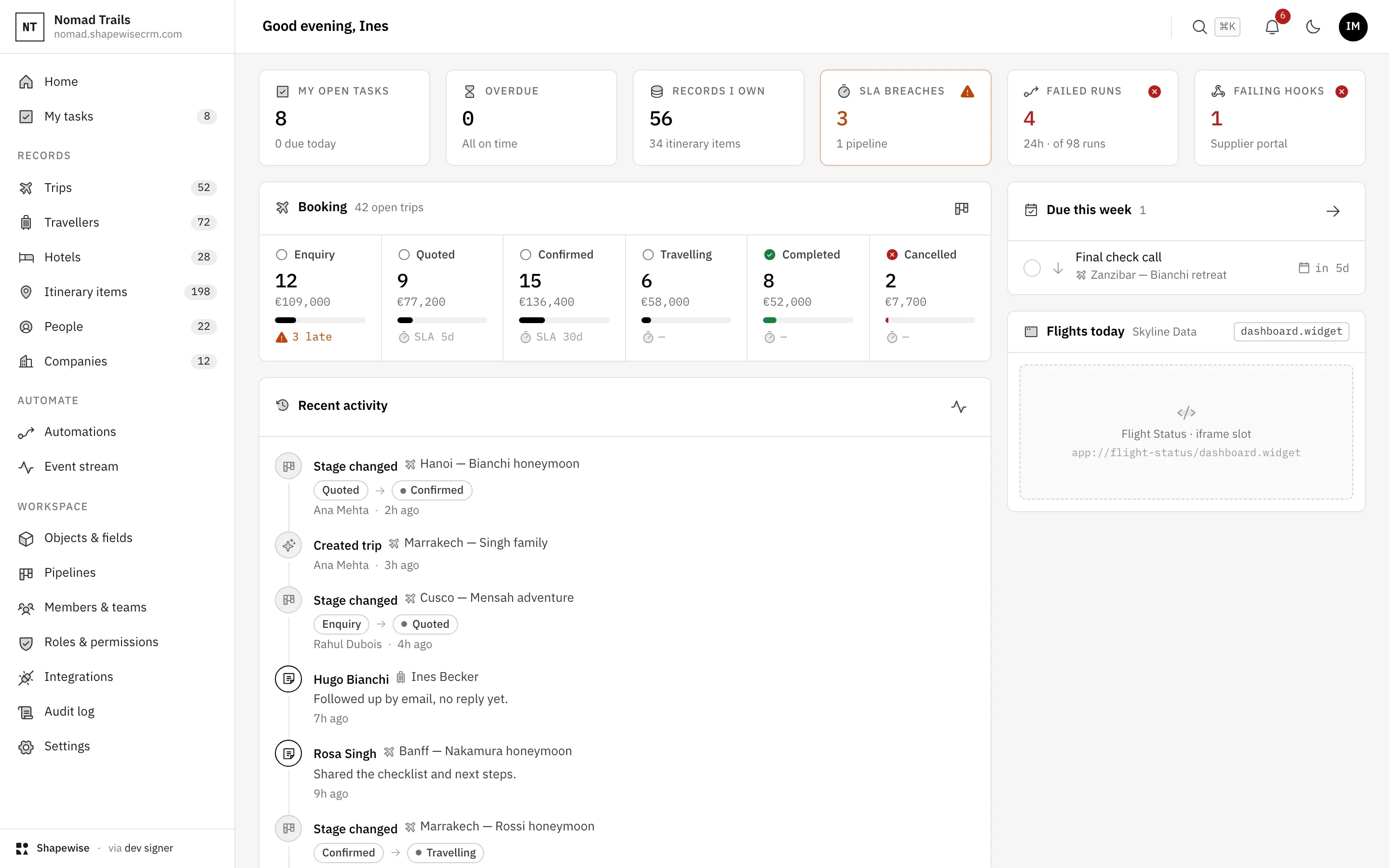 Shapewise Travel CRM: know what needs you today — demo data for Nomad Trails