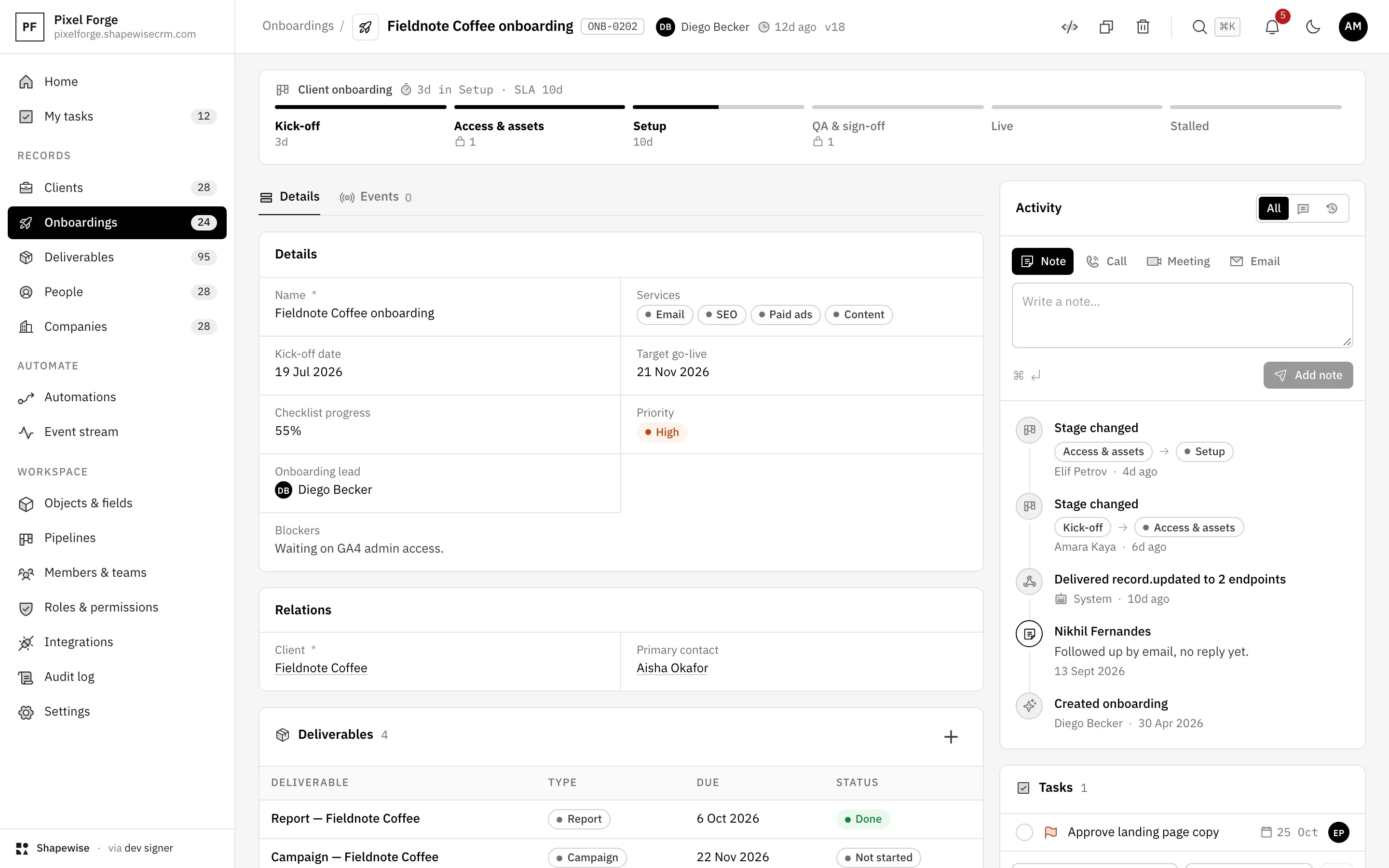 Shapewise Agency CRM: one page per client launch — demo data for Pixel Forge