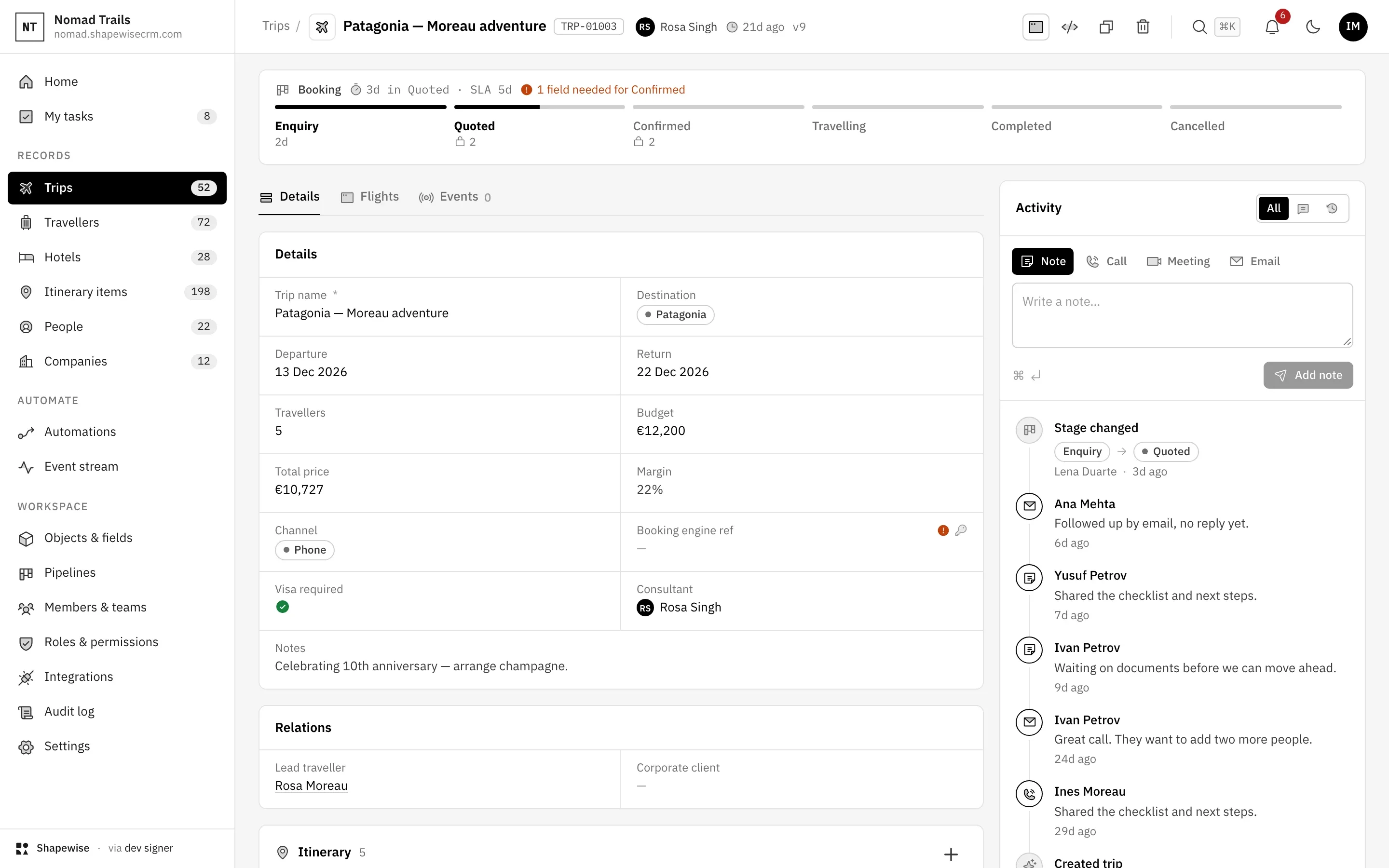 Shapewise Travel CRM: the whole trip on one page — demo data for Nomad Trails