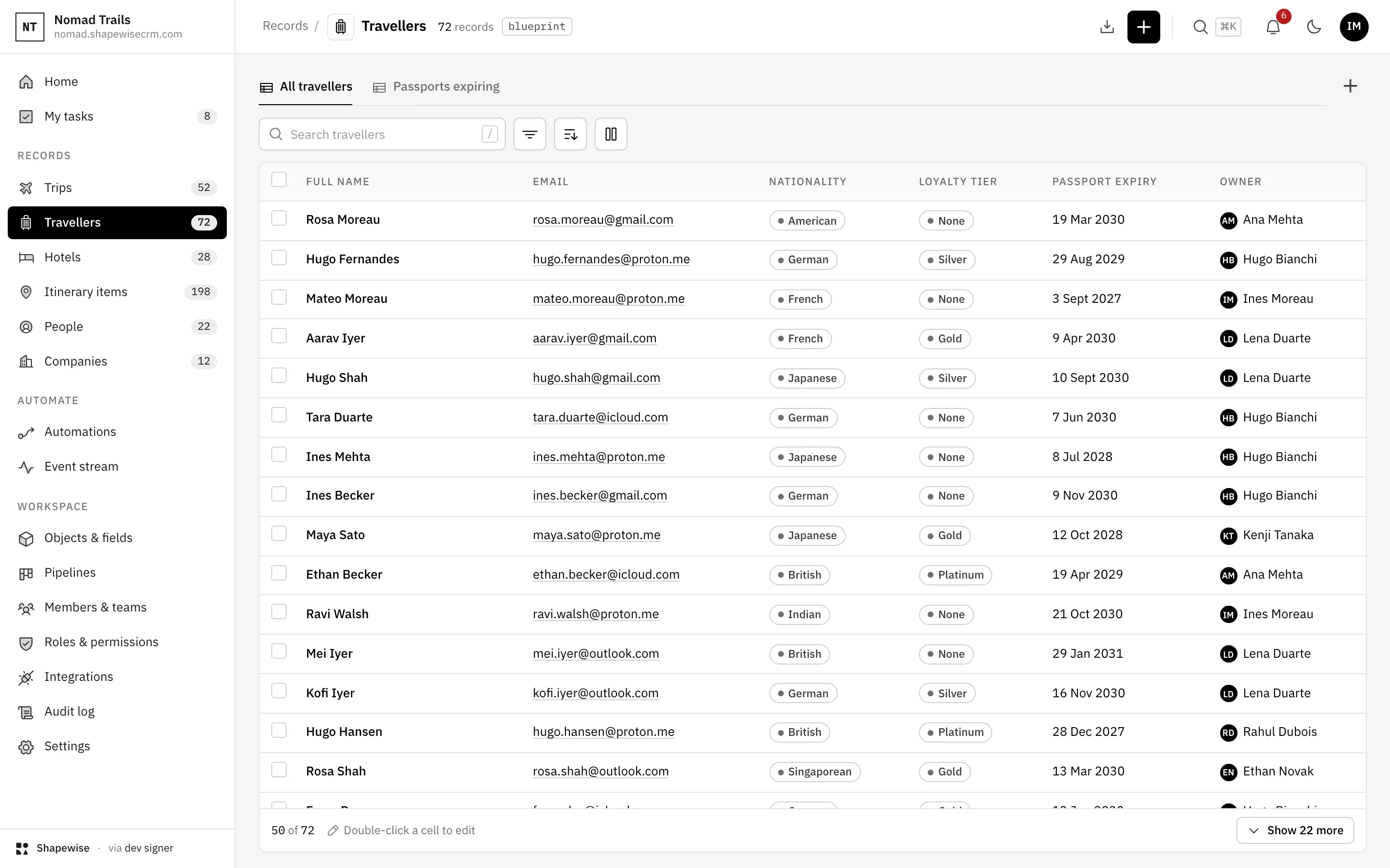 Shapewise Travel CRM: travellers, sorted — demo data for Nomad Trails